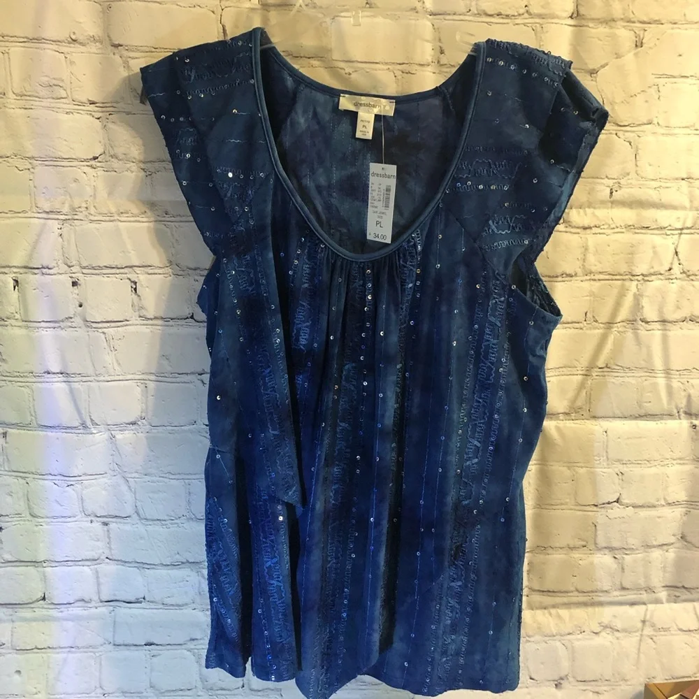 NWT Dressbarn - Dark Blue/Light Blue Sequin Design Scoop Top / Blouse - PL - Picture 1 of 8